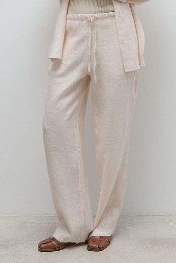 Брюки объемные на завязках изо льна пудра