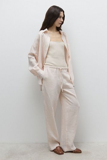 Брюки объемные на завязках изо льна пудра