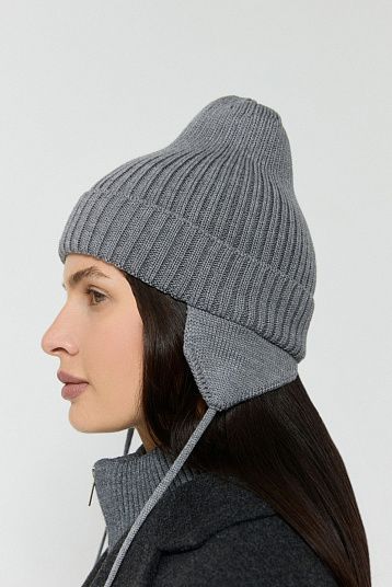 Шапка с ушками из мериноса серый