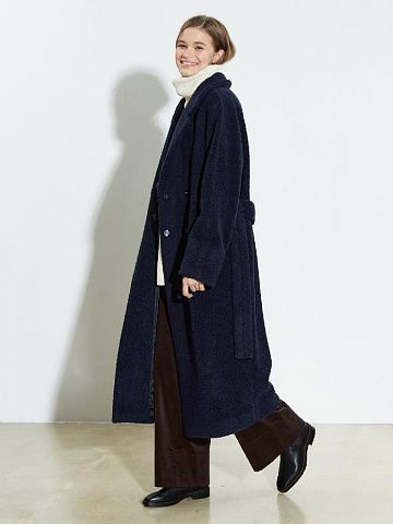 Меховое пальто из смесовой шерсти темно-синий
