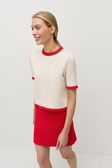 Джемпер-футболка с фигурным краем светло-бежевый/красный