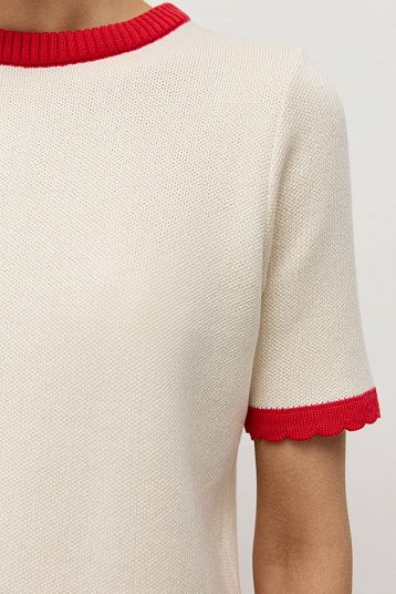 Джемпер-футболка с фигурным краем светло-бежевый/красный