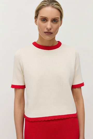 Джемпер-футболка с фигурным краем светло-бежевый/красный
